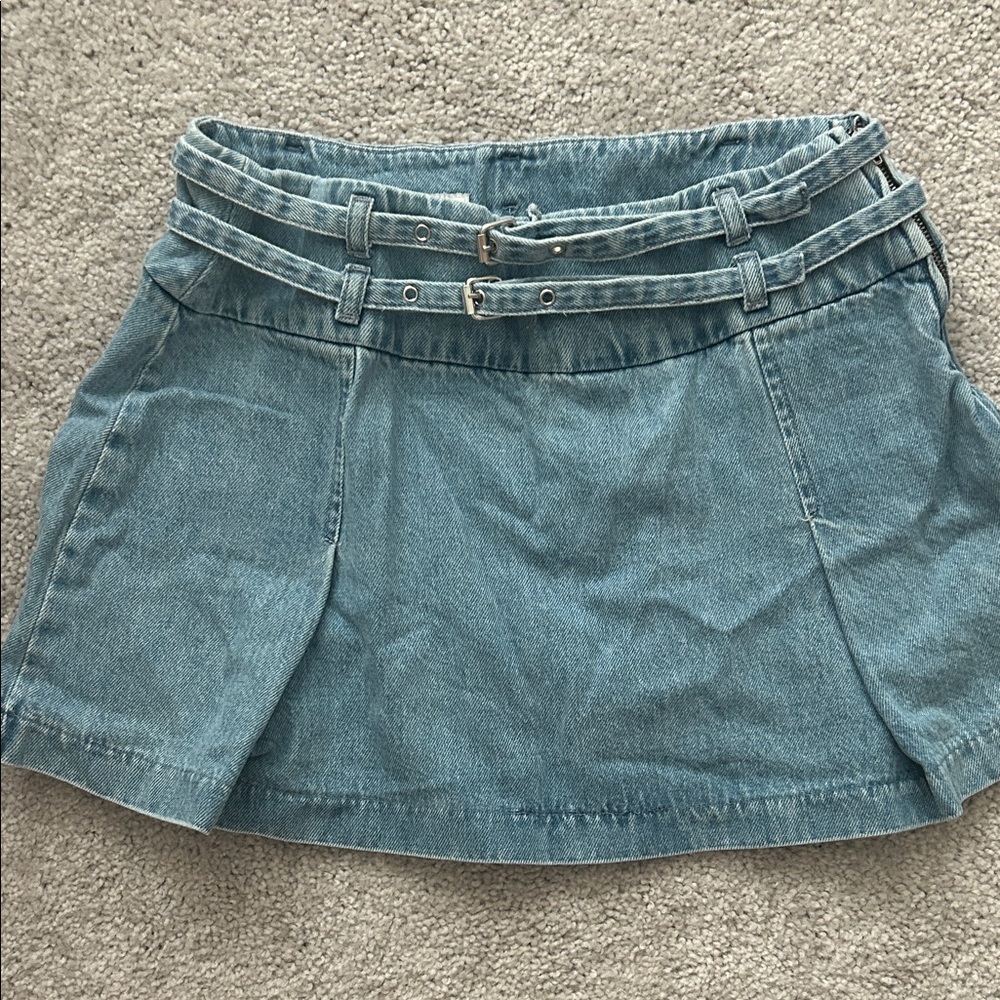 Zara Light Blue Denim Skirt with Twin Waist Belts